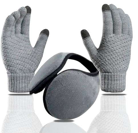 SANKRO Guantes Invierno para Hombre & Mujer + Orejeras frio - Guantes Termicos Pantalla Táctil - Guantes de Punto Elástico con Forro Cálido, guantes invierno termicos - para Running (Gris)
