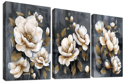3 Pcs Crema Peonias Flores Marco de Madera Cuadro Moderno Abstracto Hojas Doradas Gris Lienzo Cuadros Decorativos Pintura Imagen Cuadros Decoracion Salon Dormitorios Baño Pasillo Comedor 30cmx40cmx3