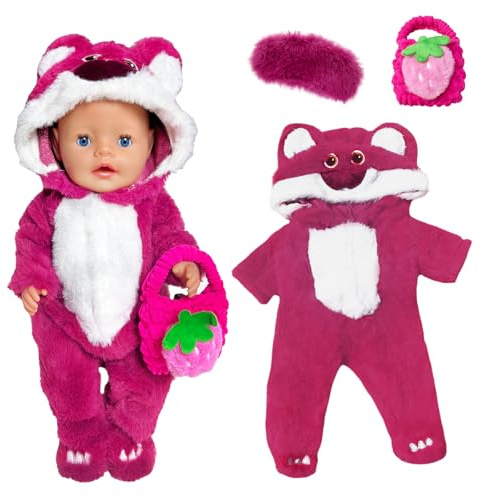 Ropa de muñeca para muñecas de 12 a 18 pulgadas, diseño de oso de dibujos animados, con bolsillos de fresa y parche en el ojo para muñecas de 30-45 cm, regalo de cumpleaños para niñas