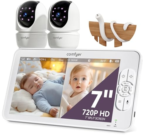 Comfyer BM01 7 Split-Screen Baby Monitor with 2 1080P Cameras, 720P HD No WiFi Monitor with a Flexible Bracket, 6000mAh Battery, VOX Mode, 2 Way Audio, Remote PTZ, Auto Night Vision