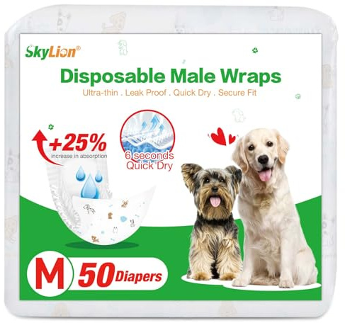 Dog Nappies Male Disposable Super Absorbent, 50 Count, Male Dog Wraps Leak Proof, Ultra Dry & Breathable, Medium