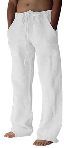 Litthing Men Linen Trousers Cotton Jogging Bottoms Casual Summer Pants with Pockets Loose Fit Drawstring Elastic Waist Trouser Comfortable Lightweight White