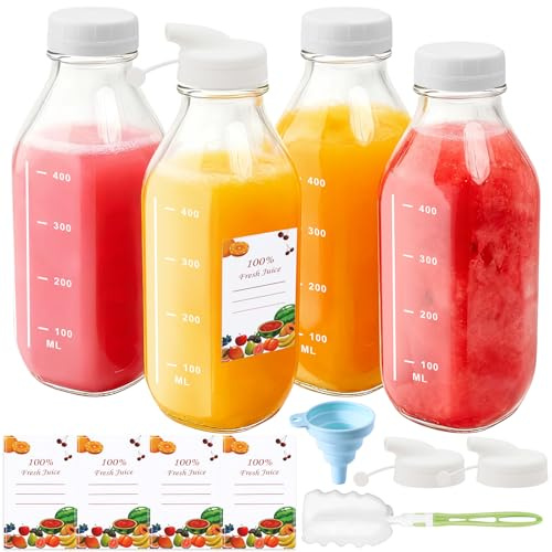 Mssushi 4 Piezas Botellas de Vidrio con Tapas 500ml,Botellas de Leche de Vidrio de Boca Ancha Cuadradas para Batidos,Jugo,Leche,Bebidas Frías Calientes,Botella de Jugo con Pico de Vertido