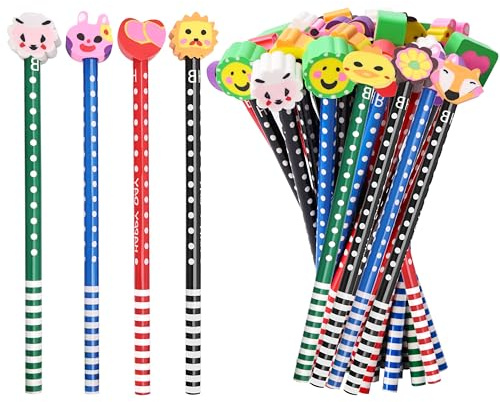 Matite con gomma 50 Pezzi Simpatiche Matite di Legno HB Striscie di Colore Casuale e Gadget Topper per Bambini, Regali di Classe, Materiale Scolastico
