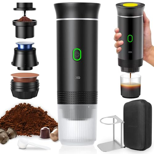 ZONREX Cafetera portátil 3 en 1 | Mini cafetera de viaje Espresso | Cafetera camping 12V | Compatible con cápsulas Nespresso, Dolce Gusto y café molido
