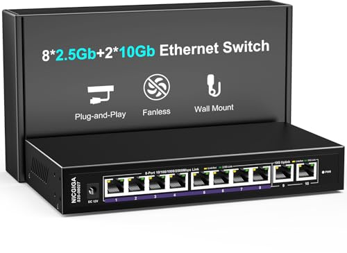 Switch Ethernet 10Gbe no gestionado con 2 Puertos RJ45 de 10Gb + 8 Puertos Base-T de 2,5Gb, NICGIGA Switch de Red de 10 Puertos 10Gbps para Puntos de Acceso inalámbricos (Ap), NAS y PC.