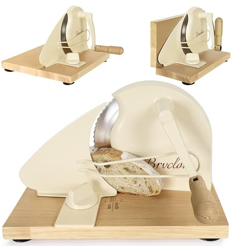 Brvclon Foldable Manual Bread Slicer with Wooden Board & Foldable Handle,0-0.9 Adjustable Thickness,Serrated Blade & Suction Cup,Bread Slicer for Homemade Sourdough Bread,Soft Bread,Bagels,and More