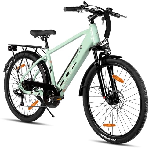HILAND 26 Inch Electric Mountain Bike for Adults, 7-Speed E-Bike with 250W Motor and 36V 10.4Ah Battery, Dual Disc Brakes, High-Carbon Steel Frame, Commuter Electric Bicycle for Men and Women, Green