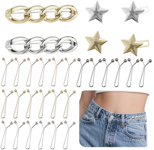 28 stycken byxor, midjespännare, justerbar midja, klämma, jean, knappnålar, metall, byxknapp för snäv, praktiska midjespännen för jeans, kjolar, shorts, skjortor, byxben