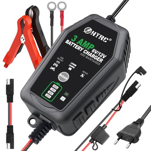 HTRC Caricabatterie Auto 3A 6V/12V – Caricabatterie Intelligente con Mantenimento, Desolfatazione e Compensazione Temperatura per Batterie Auto, Moto, AGM, Gel, EFB, LiFePO4