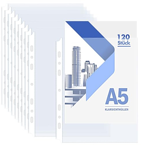 Aneco Lot de 120 pochettes transparentes A5 - 7 perforations - Transparent - Extra solides - Pour bureau, école, classeur, archive