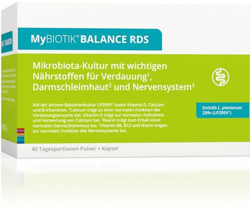 MyBIOTIK®BALANCE RDS I made by nutrimmun I Für 40 Tage I Aktive Bakterienkultur LP299V® I Vitamin D I Calcium I B-Vitamine I Pulver + Kapseln I Vegetarisch I Glutenfrei I Laktosefrei I Laborgeprüft