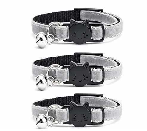 Velvet Cat Collars with Bell. Safe Breakaway Quick Release Buckle. Available in Cat & Kitten Size (Pack of 3) (Cat Collar (20cm - 30cm), Grey Velvet (Pack of 3))