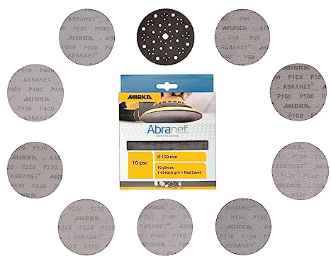 Mirka Abranet - dischi abrasivi in rete Ø 150mm a strappo/confezione mista 1 di ogni grana 80, 100, 120, 150, 180, 220, 320, 400, 600 + cuscinetto di protezione / 10 pz/Per levigatrici rotorbitali