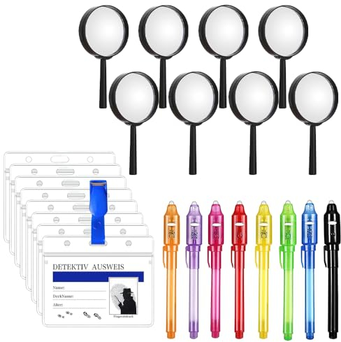 YANGUN 24stk Detektiv Set Kinder, Detektive Lupe Set mit UV Stift, Detektivausweis mit Clip, Lupen, Detektive Spielzeug Kindergeburtstag Gastgeschenke für Jungen Mädchen