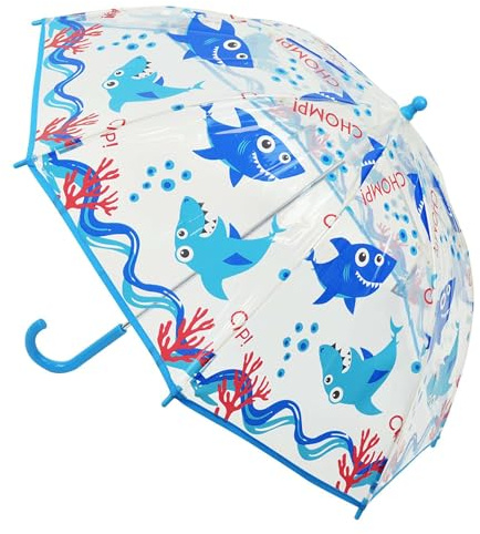 Thingimijigs Children's Dome Umbrella Kids' Lightweight Transparent PVC Stick Brolly - Blue Shark