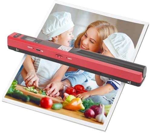 Asixxsix Tragbarer Scanner, 900 DPI Fotoscanner für A4-Dokumente, Handscanner für Unternehmen, Fotos, Bilder, Quittungen, Bücher, A4-Dokumentenscanner, JPG/PDF-Formatauswahl (Rot)