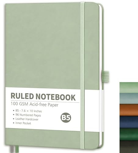 RETTACY Anteckningsbok rutig B5, linjerade anteckningsböcker, 96 sidor fyrkantiga anteckningsböcker, 100 g/m2 rutpapper, innerficka, för kontor skola arbete kvinnor män 19,3 x 25,4 cm – ljusgrön