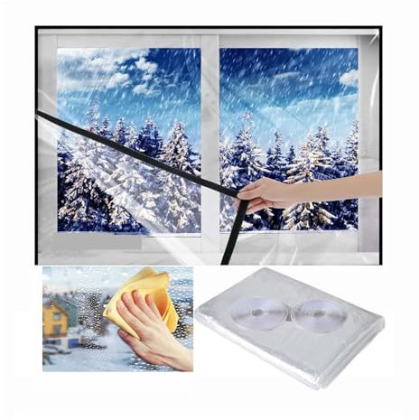Window Insulation Kit Patio Door Insulation Kit Secondary Glazing Film - Adhesive Straps - Reusable Cuttable - Thermal Film for Ventilation - Keep Warm in Winter and Cool in Summer