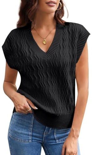 GRACE KARIN Pull à col en V côtelé, sans manches, décontracté, à manches à ailes, pour femme, Noir , XXL