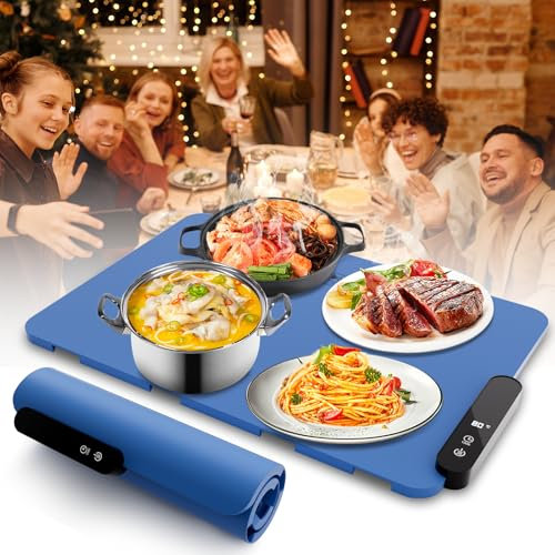 Gamexop Chauffe Plat Electrique, Plaque Chauffante Pliable Flexible Plateau Chauffant Électrique Température Ajustable, pour Buffets Fête, Voyag Réunions de Famille (Bleu)
