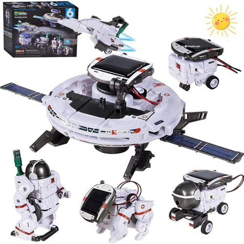 Georgie Porgy solenergi robot leksak STEM kit för barn experimentlåda pedagogiska vetenskapsuppsättningar gör-det-själv byggsats rymden flotta presenter för pojkar flickor ålder 8+ (6-i-1 Vit)
