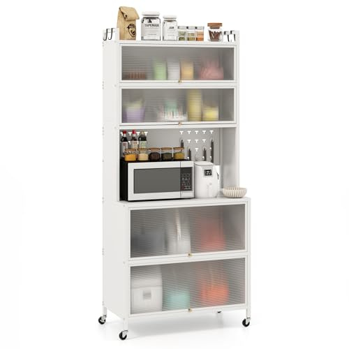 COSTWAY Aparador Alacena de Cocina, Soporte para Microondas con Puertas Inclinables y Gabinetes, Panel de Perforaciones con Ganchos, Ruedas y Patas Ajustables (Blanco,6 Niveles)