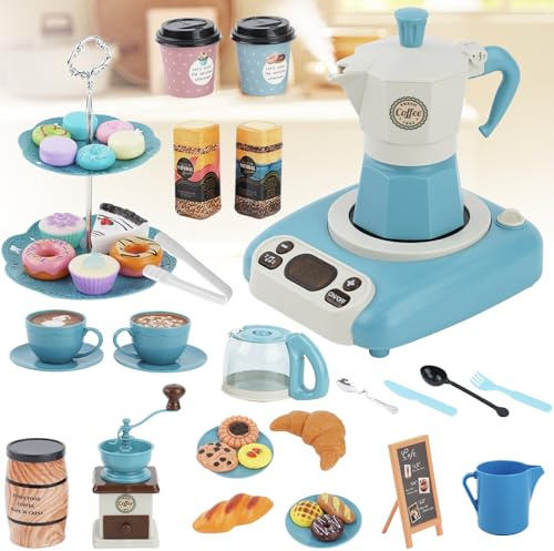 Máquina de Café de Juguete para Niños, Juguetes para Niños Pequeños con Sonido, Luz y Vapor, Juguetes de Cocina con Juego de Té de la Tarde, Accesorios de Cocina para Pequeños, Regalos para