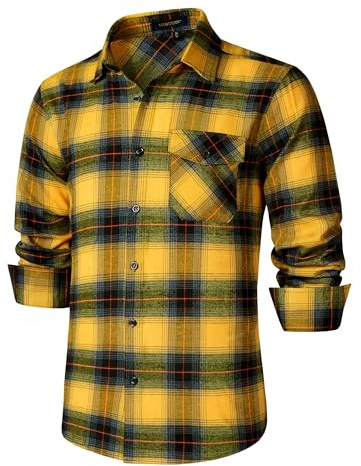 HISDERN Men's Checked Shirts Long Sleeve Cotton Flannel Shirt Button Down Plaid Lumberjack with Pocket Regular Fit Yellow XL