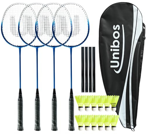 Unibos | Badminton Rackets Set Of 4 For Outdoor Backyard Games, Including 4 Rackets, 12 Nylon Shuttlecocks, 4 Replacement Grip Tapes & 1 Carrying Bag