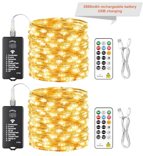 SINAMER 2 Pack Rechargeable Fairy Lights with Remote, 10m 100LED Battery String Light with DIY Timer & Light Sensor, Waterproof Outdoor twinkle Light for Bedroom Patio Christmas Tree Decor, Warm White