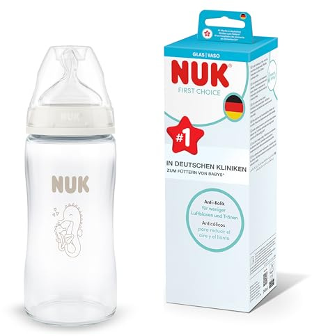 NUK First Choice Baby Bottle | 3+ Months | 240ml | Anti Colic Feeding Bottle | Glass | Temperature Control Indicator | Seahorse | 1 Count