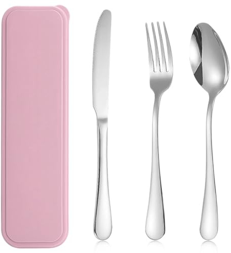 KIRZAX 3PCS Cubiertos Camping de Acero Inoxidable, con Estuche Escolares,Juego de Cubiertos para Camping,Porta Cubiertos para Llevar al Trabajo Portátiles,para Exteriores Viajes Camping (Rosa)