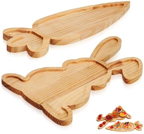 JECOMPRIS 14 Inch Easter Wooden Serving Platters: 2 PCS Bunny and Carrot Charcuterie Boards - Spring Wood Trays for Snack Cheese Holiday Party