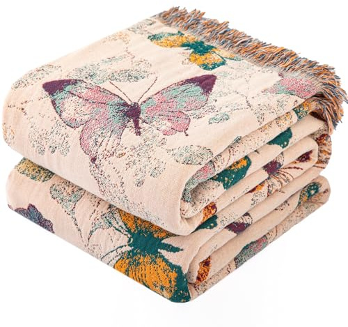 Dormilin Boho Tagesdecke mit Fransen, 100% Baumwolle Doppelseitige Musselin Decke 230x250cm, Weiche Kuschelige Sofadecke & Bettüberwurf, Atmungsaktiv für Wohnzimmer Schlafzimmer Ganzjährige Nutzung