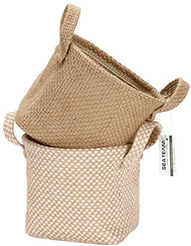 Sea Team Storage Paniers Portaoggetti per contenitori in Juta e Lino di Cotone con Manico Decorativo per Articoli da toeletta per la casa Articoli di cancelleria Varie Giocattoli Jewerly Colore Beige
