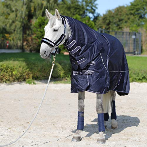 Horsenjoy Horse blanket, rain blanket, winter blanket, outdoor blanket, paddock blanket with neck part, 300 g, 200 g, filling Aspen (135 cm, 200 g, dark blue)