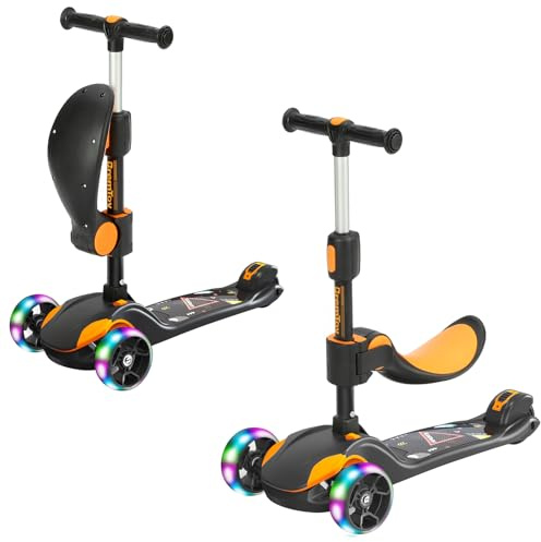 BremToy Patinete para Niños de 1 a 12 Años, Ajuste de Altura Infinito, Patinete con Asiento Extraíble, 3 Ruedas Brillantes LED, Carga Máxima 50KG, Amarillo (1003)
