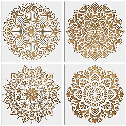 MWOOT 4 Stück Groß Mandala Schablonen Stencils Kit, Wiederverwendbares DIY Malerei Vorlage Zubehör, Blume Handwerk Schablone zum Malen an der Wand Boden Segeltuch Kissen Dekoration (30x30CM)
