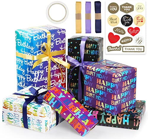Bigqin 11pcs Carta per Incartare Regalo Compleanno Set, 6PCS 70x50cm 3pcs 2M Nastro Adesivo, Carta da Pacchi e Etichette,per Femmina Ragazze Adulti