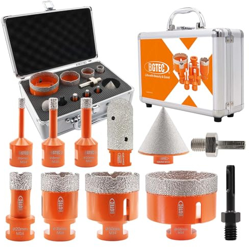 BGTEC Diamant Fliesenbohrer Set - 11Stück(6/8/10/20/35/50/68mm+25mm Fingerbohrer+50mm Senker+Sechskantschaftadapter+SDS-Adapter) mit M14 Gewinde für Porzellan,Keramik,Granit Marmor