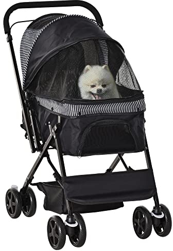 PawHut Dog Stroller, Pet Stroller, Foldable Dog Cat Travel Pushchair with Reversible Handle, EVA Wheels, Brake, Basket, Adjustable Canopy, Safety Leash, for Small Dogs, Black