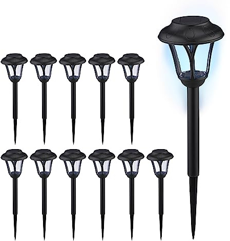 Relaxdays Solarlampen 12er Set, LED Solarlicht mit Erdspieß, HD: 39 x 11 cm, Moderne Gartenbeleuchtung, draußen, schwarz, Kunststoff, Pack
