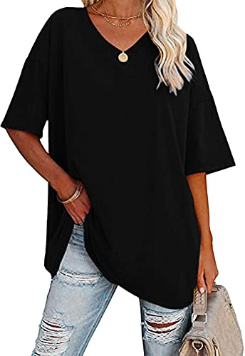 Tee Shirt Femme Col V Fluide Sport Respirant T-Shirt Femme Oversize Très Large Uni Été Blouse Femme À Manches Courtes Grande Taille Decontractee Retro Haut Ample Souple Vêtement