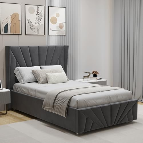 Upholstered Ottoman Bed Single Bed Frame UKFR Velvet Dark Grey Ottoman Storage Bed with Gas Lift End Opening Wooden Slats with Storage Bed (3ft Single 90 x 190, No Mattress)
