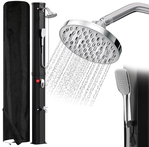 SWANEW Doccia solare da 60 litri, doccia solare da giardino, con cappuccio protettivo e doccetta, soffione girevole di 180°, doccia a piedi integrata, max. 60 °C (nero)