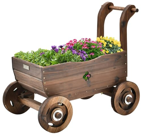 HOMASIS Blumenwagen mit Griff & Rädern, Pflanzwagen Blumenkasten Holz, Blumenkarre Pflanzschubkarre mit Abflusslöchern, Vintage Gartendeko, dekorativ Pflanzkasten Blumentopf für Garten Terasse, Braun