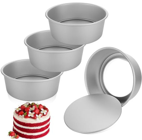 DAJAVE 4 Stück Kuchenform Rund Backform 22 cm rund, 8cm Hoch Tortenform Round Cake Moulds, Aluminum Round Antihaft-Backformen Set und 8 Zoll,Silber