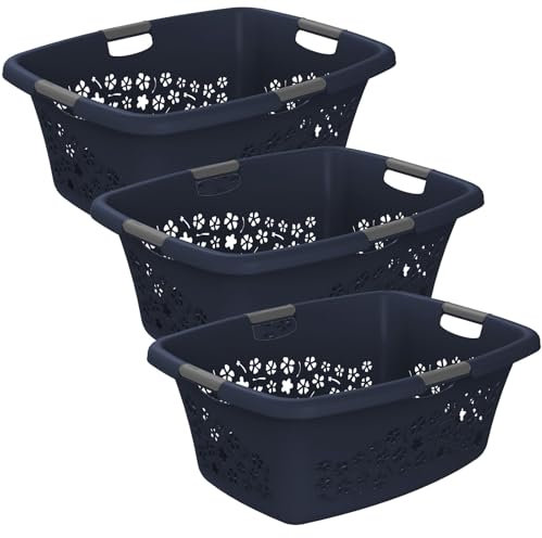Rotho 3er-Set Wäschekorb Flowers 50l, Kunststoff (PP) BPA-frei, anthrazit, 3x50l, (65,1 x 49 x 26,2 cm) (Rot)