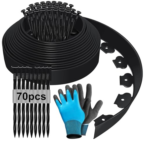 Vallas Borde Jardin Exterior Flexible de 15m x 10cm, Bordura Jardin Exterior, con 70 Uñas y Guantes, Borde de Jardín de Plástico, Valla Jardin, Bordes de Valla de Jardín, Borde de Corte - Nergo